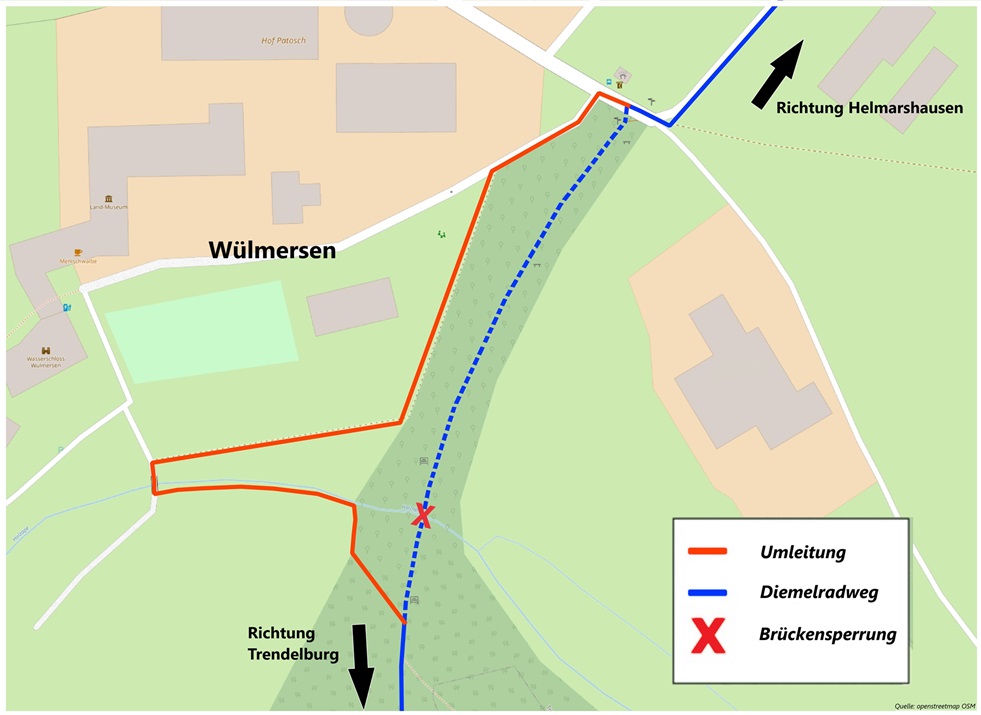 Bei Klick öffnet sich der Kartenausschnitt der Brückensperrung zwischen Deisel und Wülmersen in größerem Format