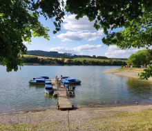 Tretboote liegen am Ufer des Diemelsees in Diemelsee-Heringhausen